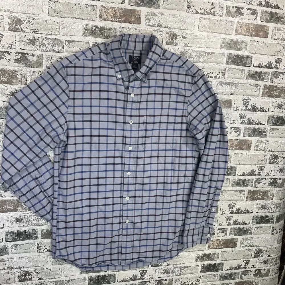 J.CREW Mens Flex Oxford Shirt Long Sleeve Button Down Gray Blue Plaid